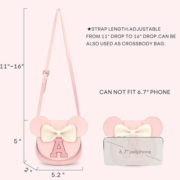 Letter A Toddler Crossbody Purse, Girls Mini Mouse Ears Purse, Pink A Handbag - Picture 5 of 6